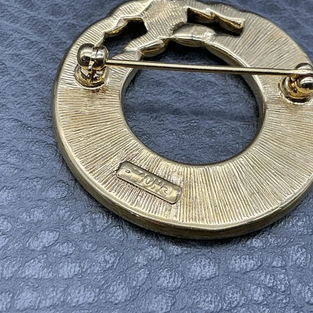 Vintage Monet Brooch Black Enamel Circle Pin Gold Tone Chain Link Round Jewelry